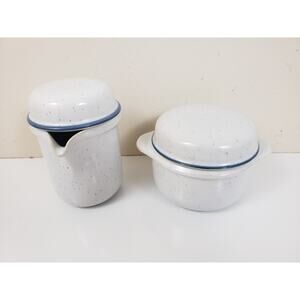 (O5) Vintage Thomas Family Blue Germany Porcelain Sugar Bowl & Creamer w Lid